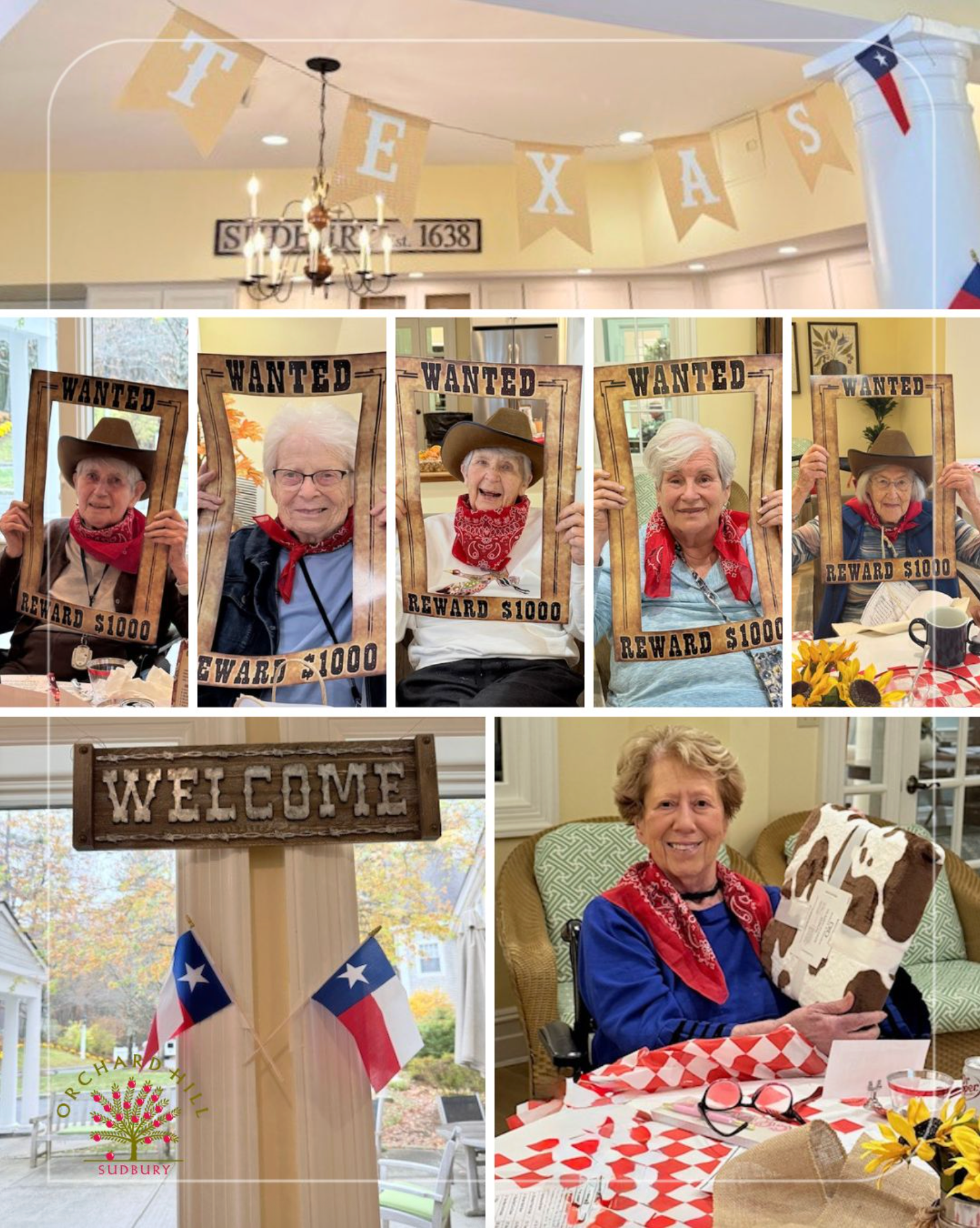 Birthday collage with an older woman, Texas decorations, and a welcome sign at a festive table