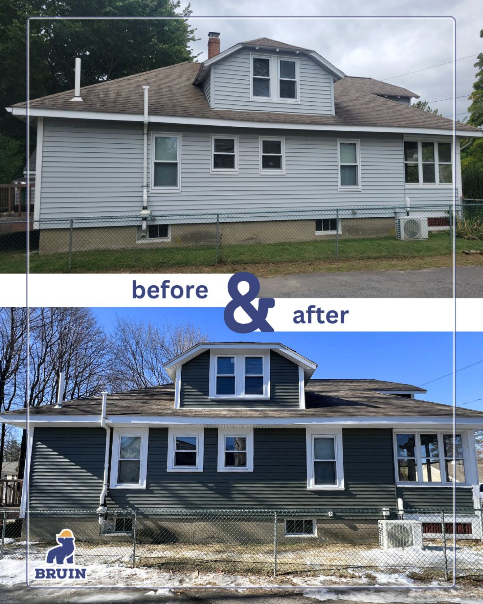 Before-and-after of a white house renovation, showing the exterior painted dark blue with updated trim.