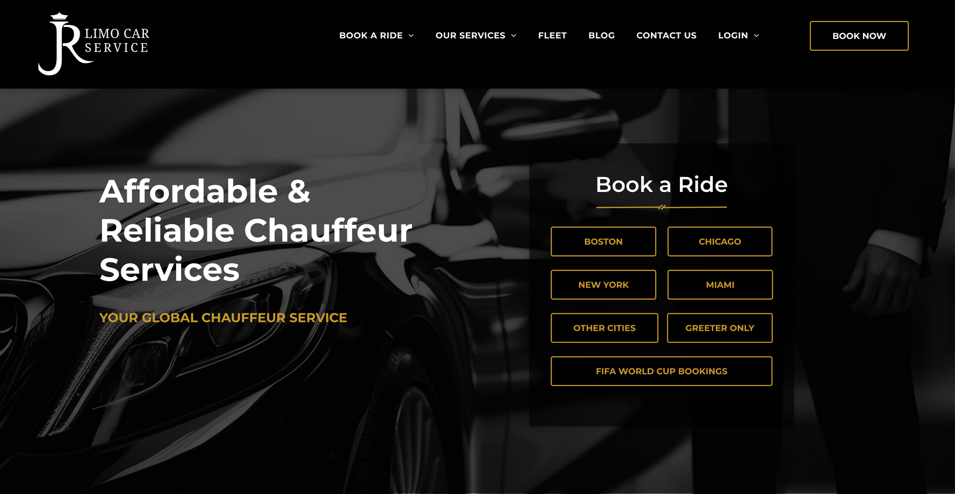 Luxury chauffeur service homepage with black car, 