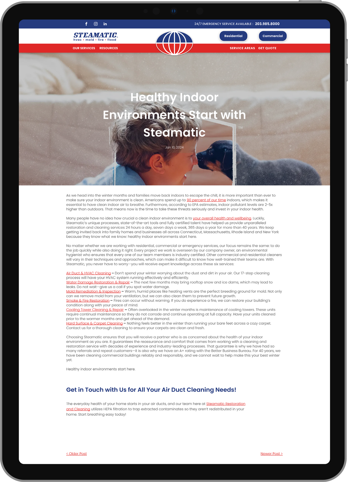 Website homepage with hero photo of a person in a hat, headline about healthy indoor environments, and body text below
