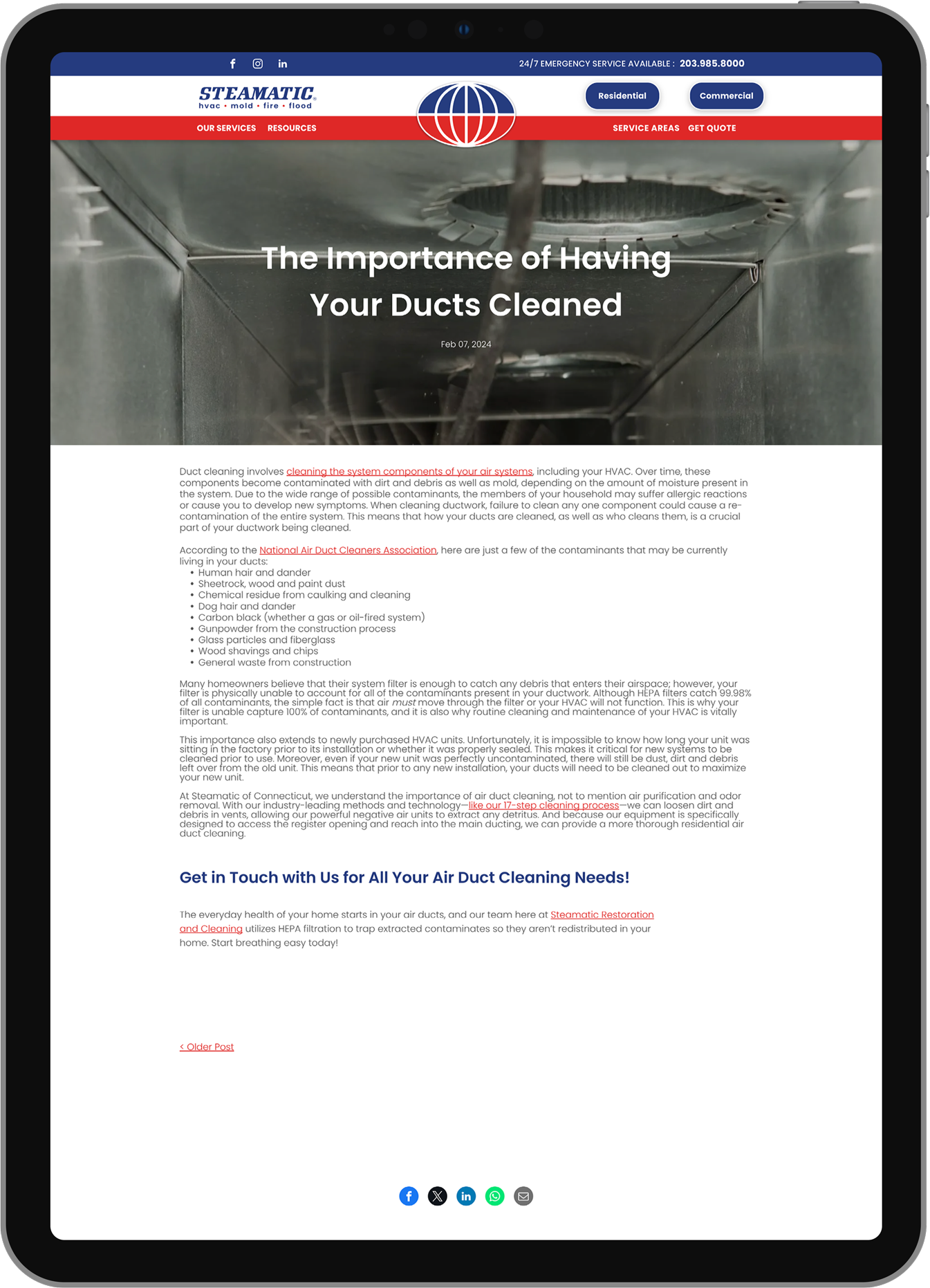 Website homepage for duct cleaning services with hero banner and text-heavy sections