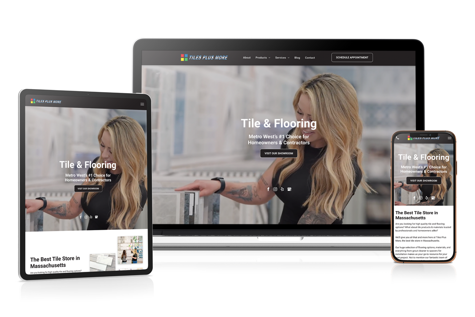 Responsive website shown on desktop, tablet, and phone with a woman exercising in a gym