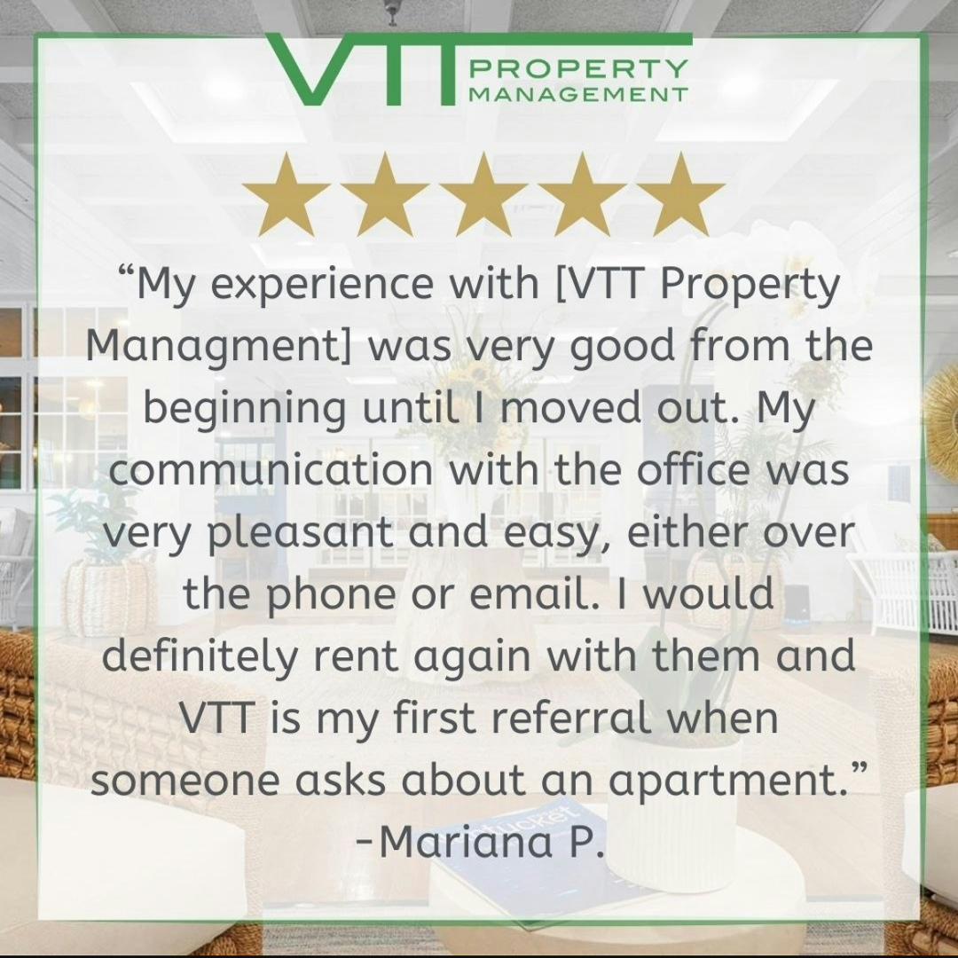 VTT Property Management testimonial graphic with five gold stars and a quote from Mariana P.