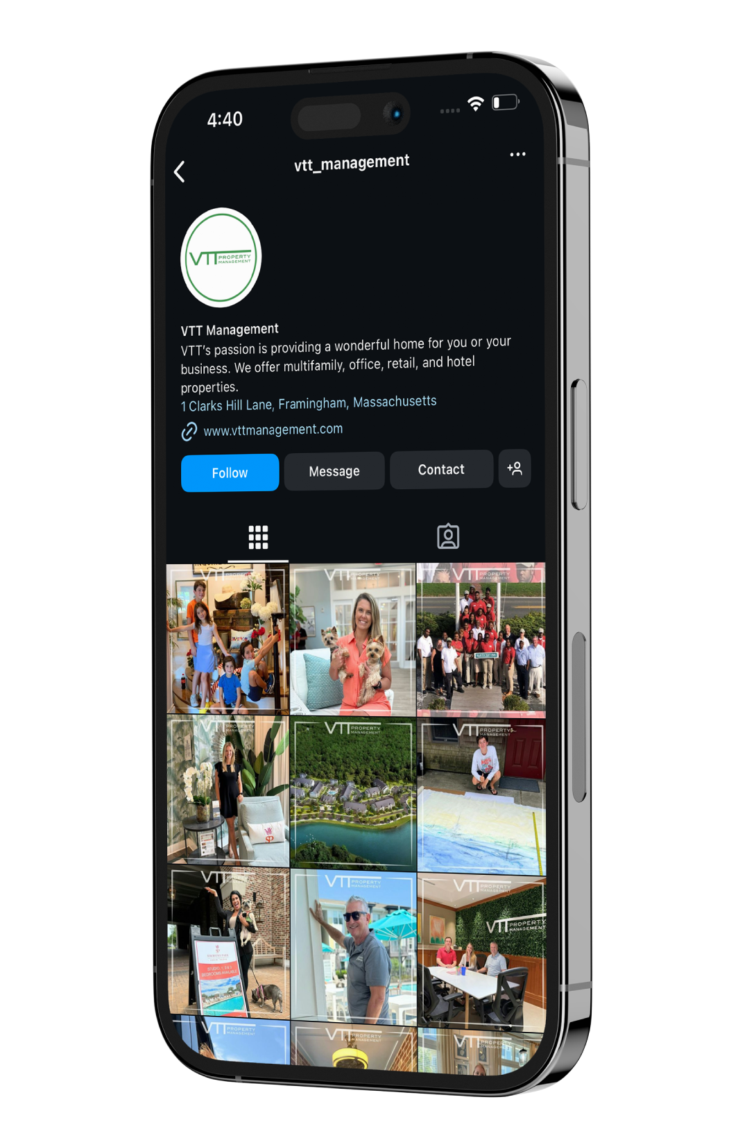 Smartphone showing a dark-mode Instagram profile with a grid of colorful photos.