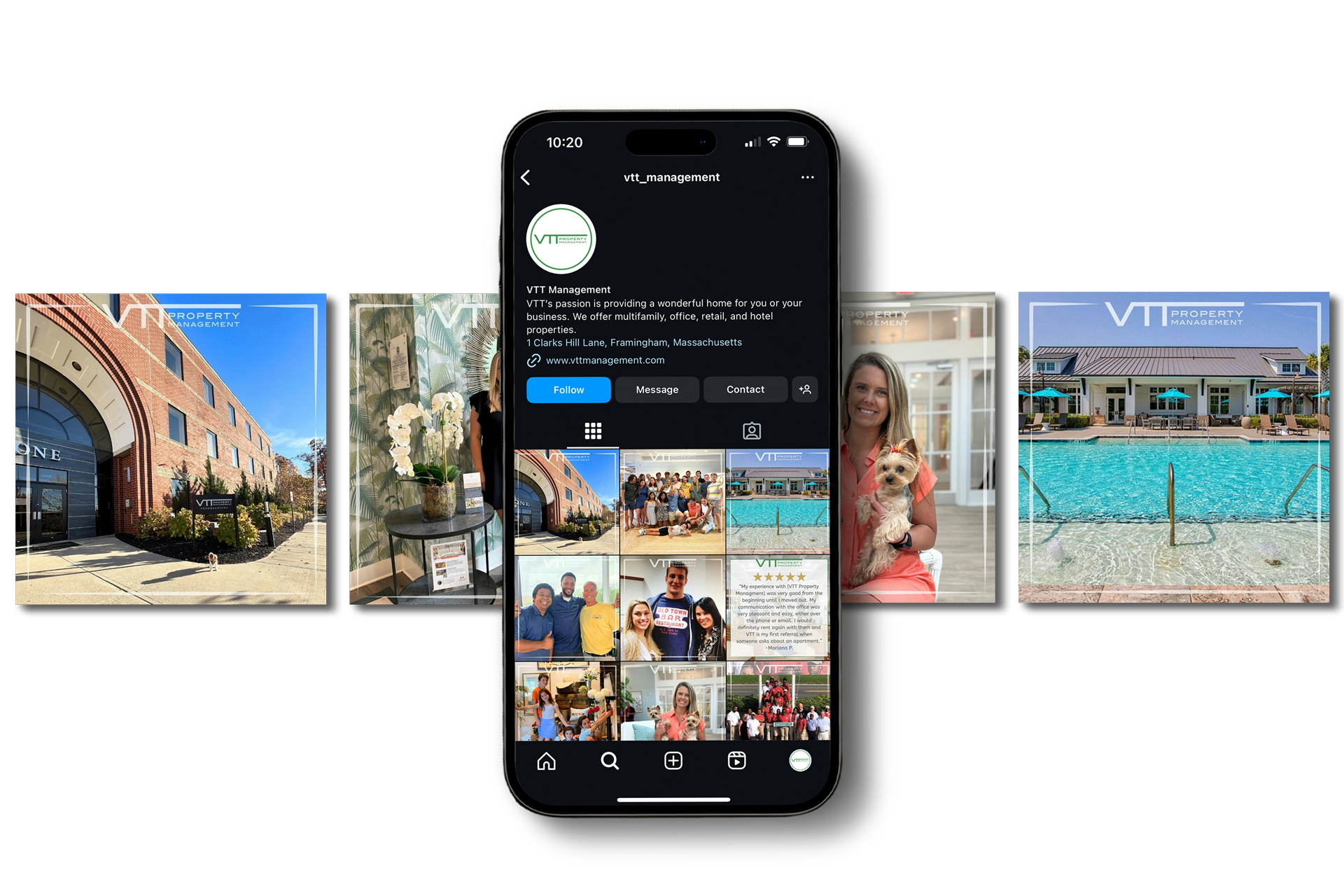 Smartphone displaying an Instagram profile, flanked by travel photos of colorful streets, beaches, and a smiling woman.