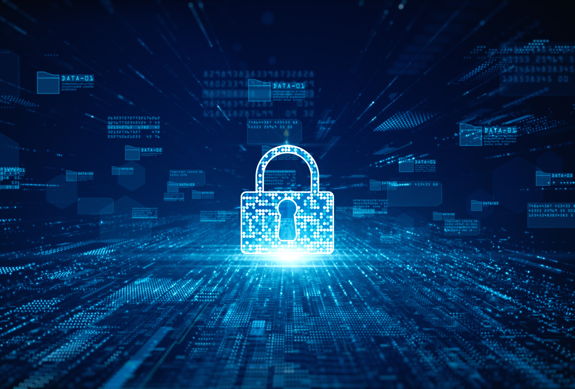 Glowing digital padlock representing website security and cyber protection.