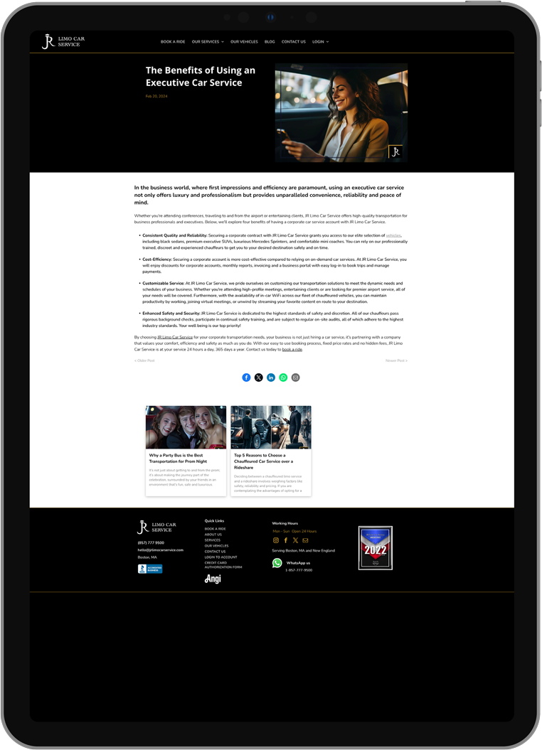 Dark-themed webpage on a tablet showing an article with a video thumbnail and related content below