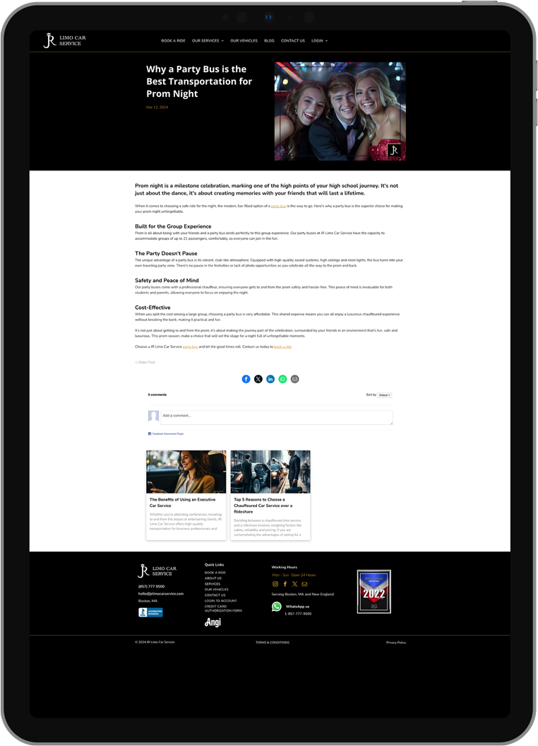 Tablet displaying a dark-themed website with a large article page and thumbnail images below