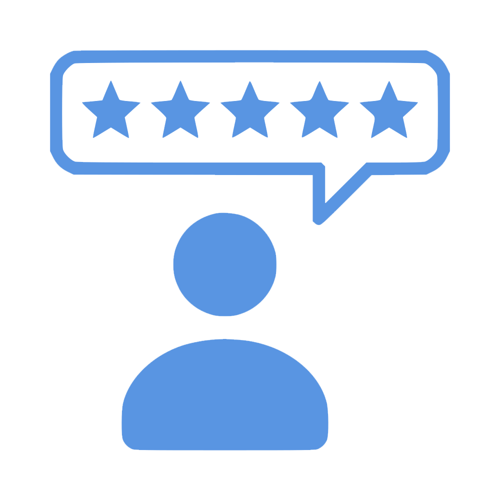 Blue user icon with five-star rating speech bubble above it