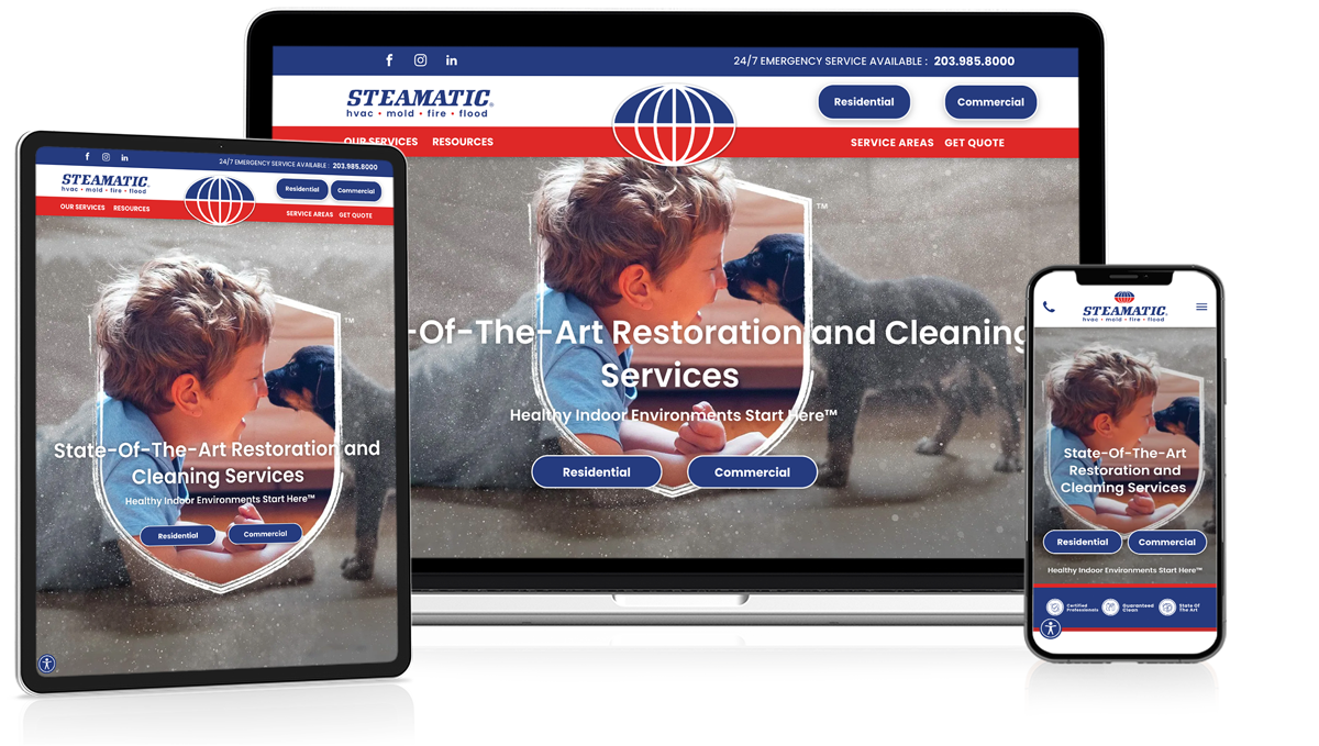 Responsive website mockup on laptop, tablet, and phone showing a pool cleaning service homepage
