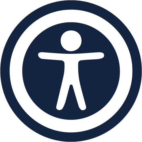 Universal access symbol in white on a dark blue circular background