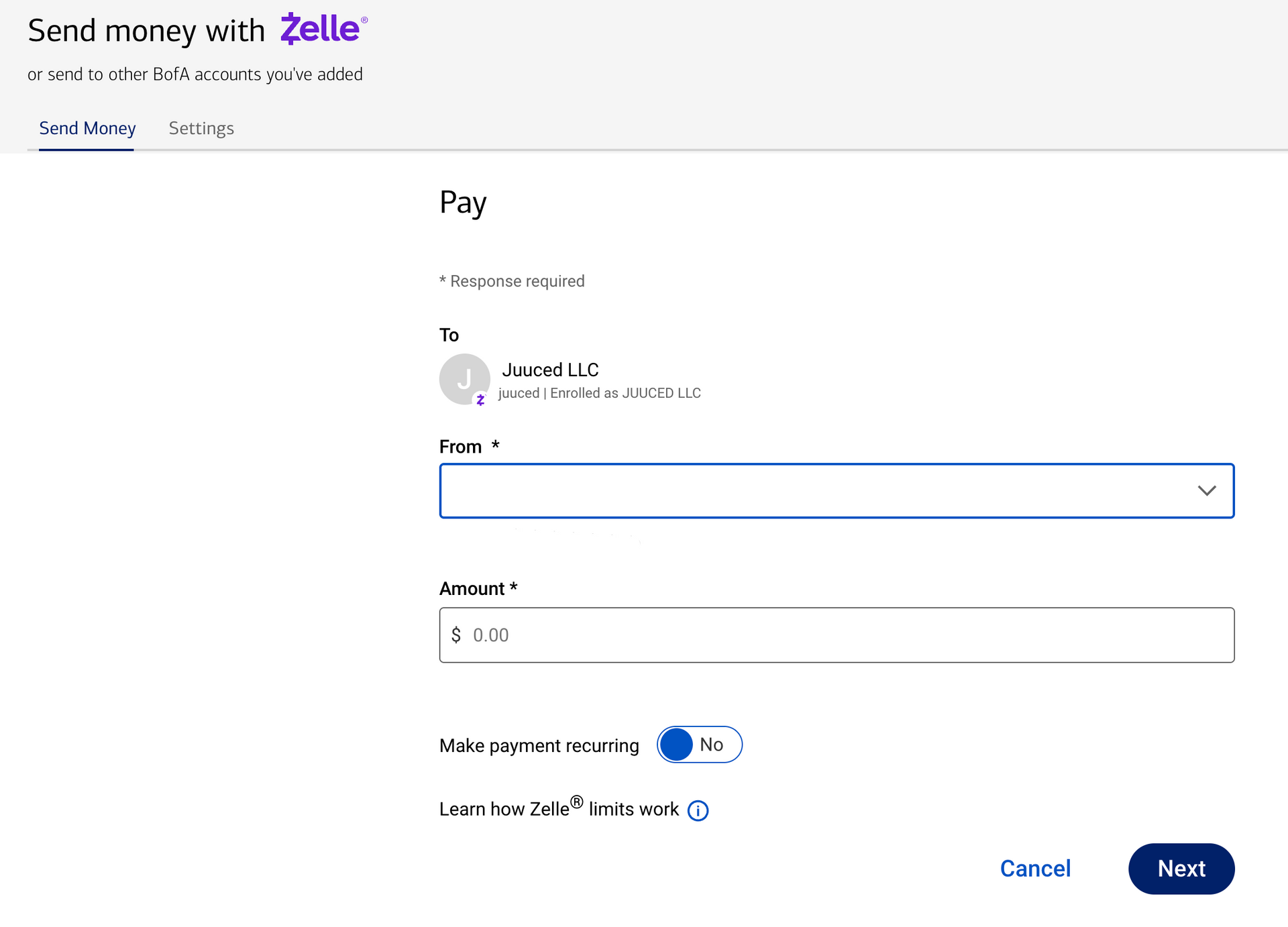 Zelle send money page with recipient, memo and amount fields and a blue Next button