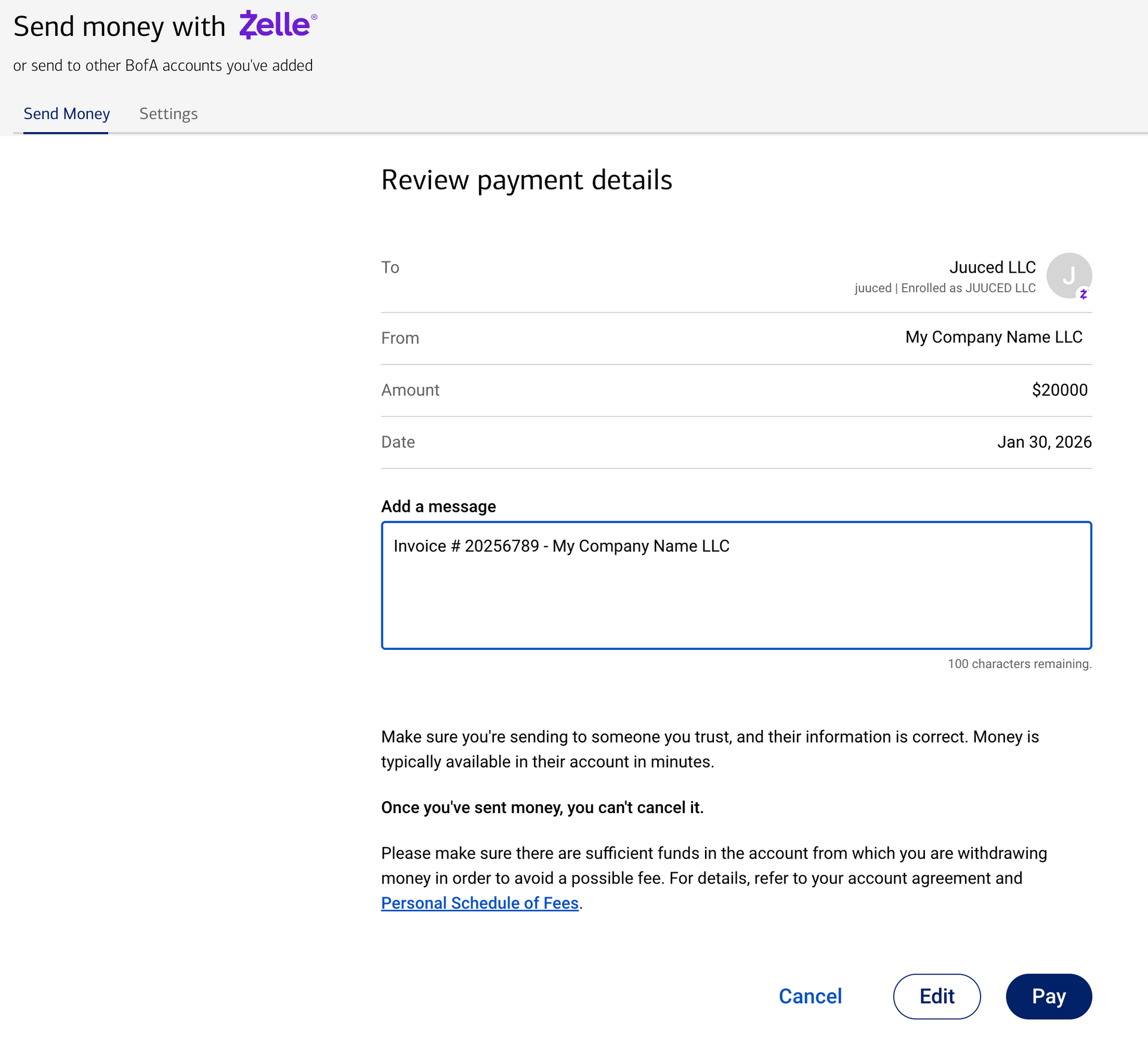 Zelle send money review page with payment details and a blue Pay button