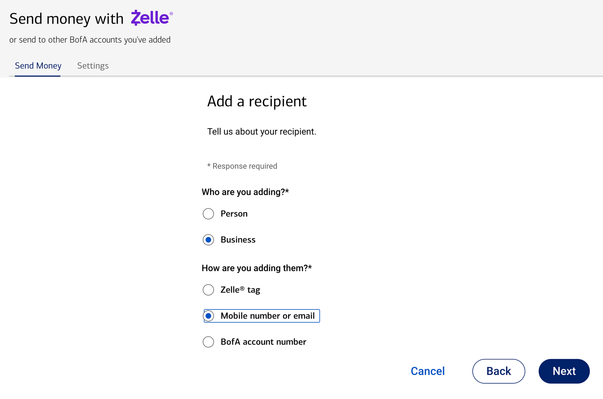 Zelle “Add a recipient” screen with payment options and Back, Next, and Cancel buttons