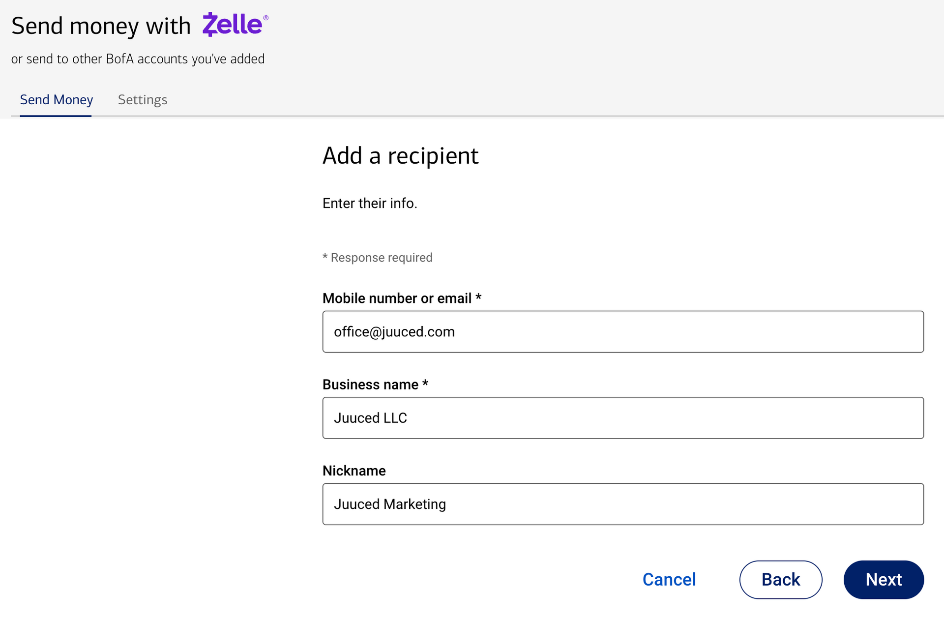 Zelle send money form titled “Add a recipient” with fields for recipient name, email/phone, and nickname.