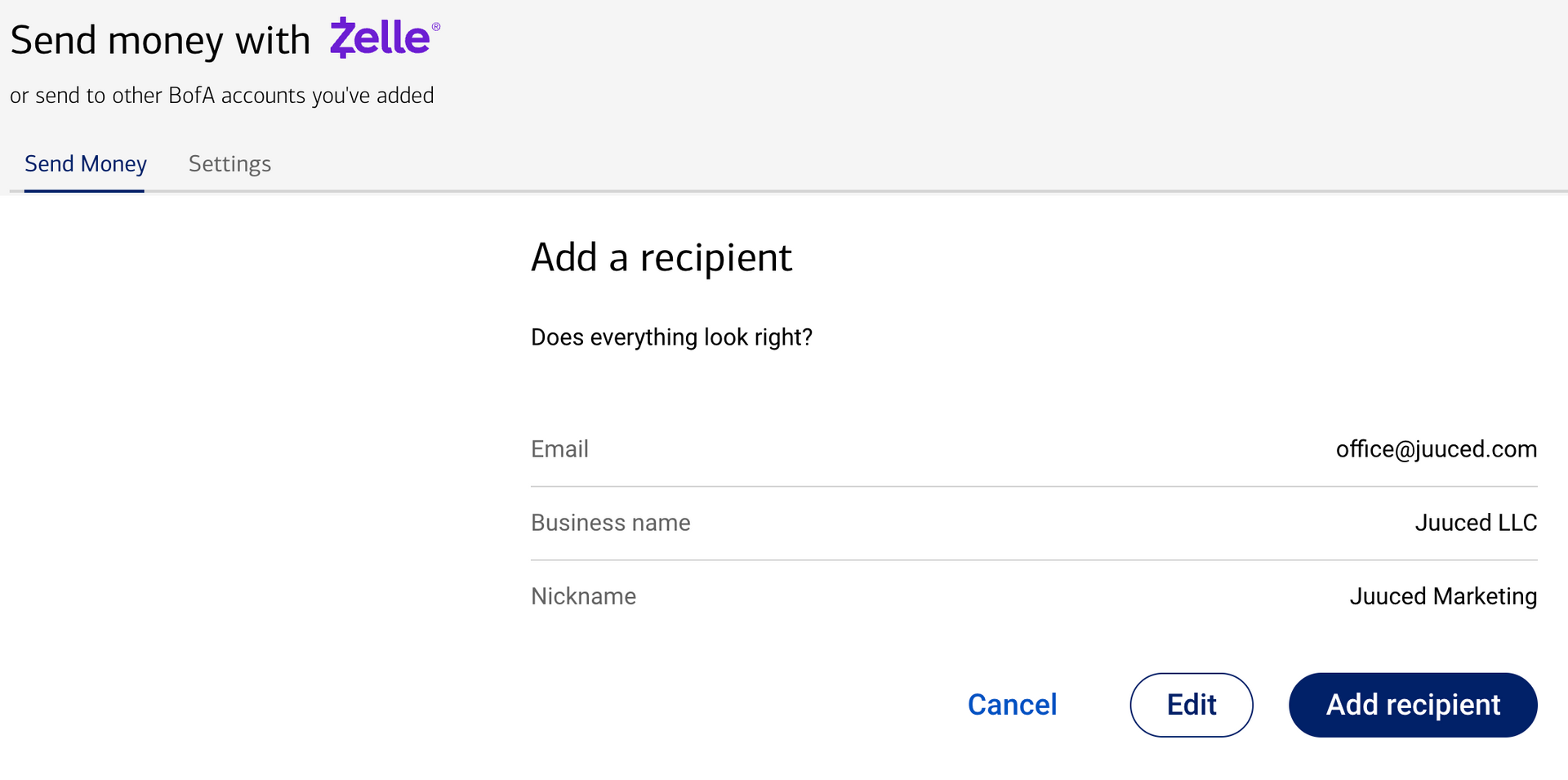 Zelle “Add a recipient” screen with input fields and a blue “Add contact” button