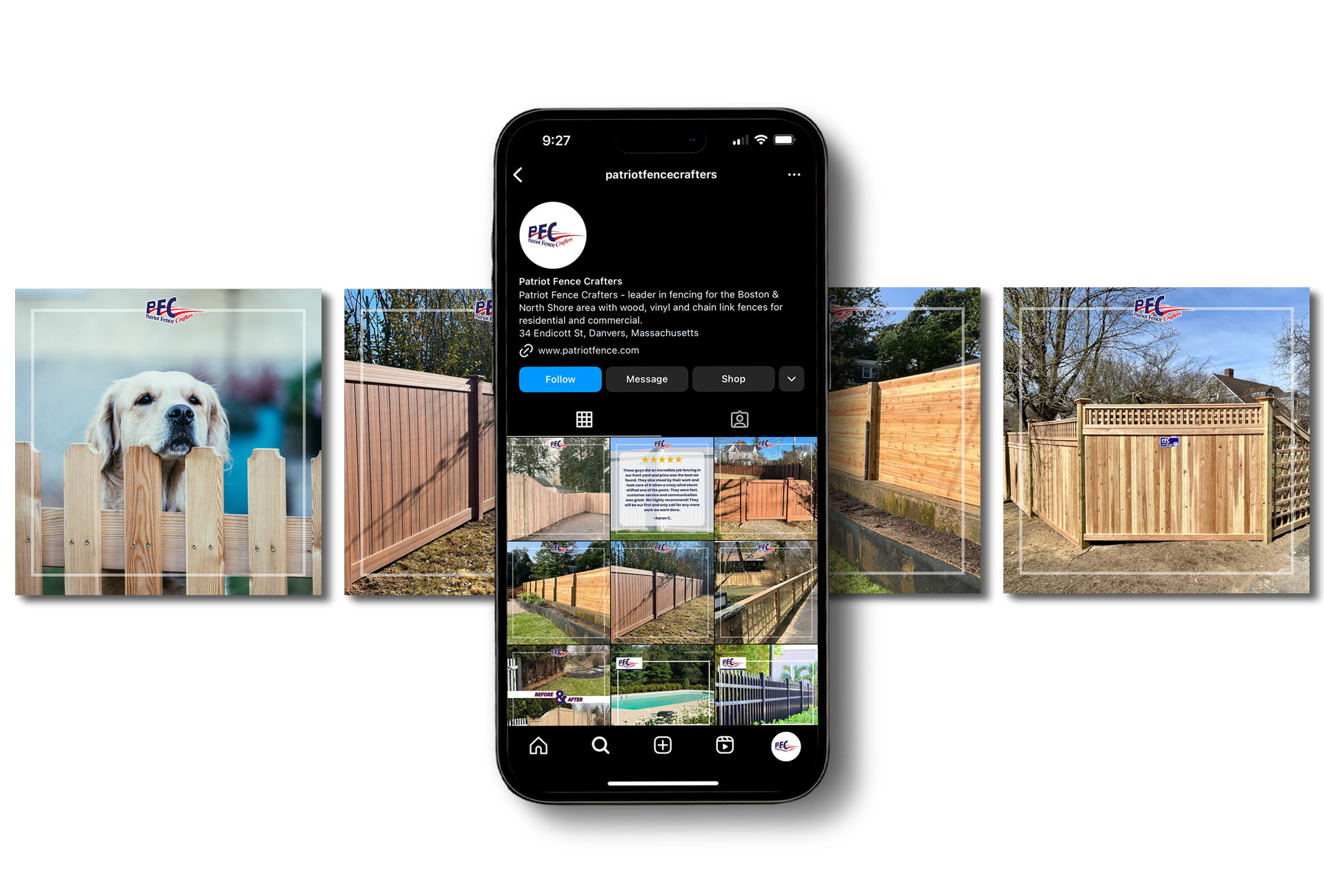 Phone showing a puppy-fence Instagram profile, flanked by two outdoor dog fence photos