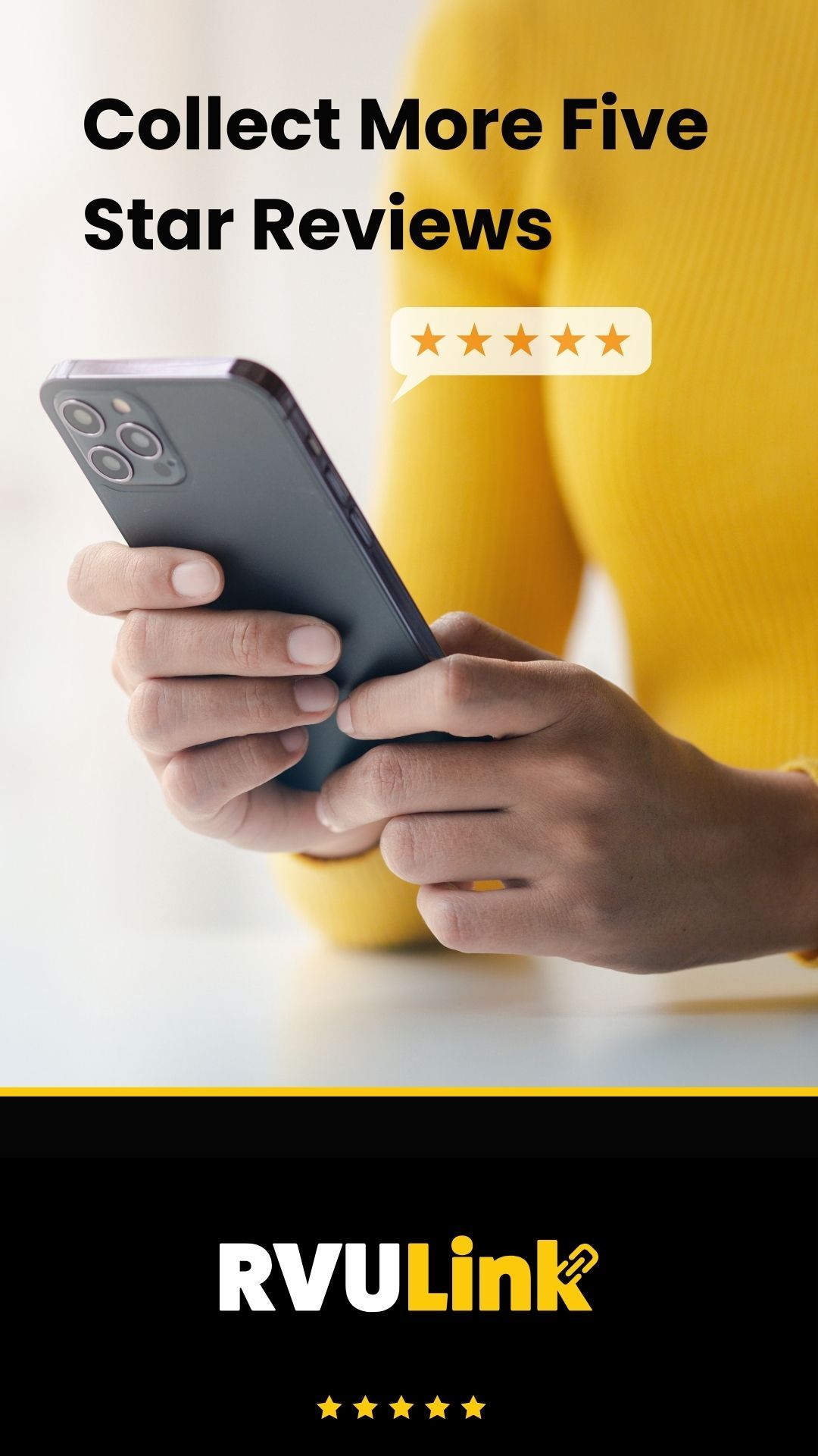 Person holding a smartphone with “Collect More Five Star Reviews” text and RVUlink branding.