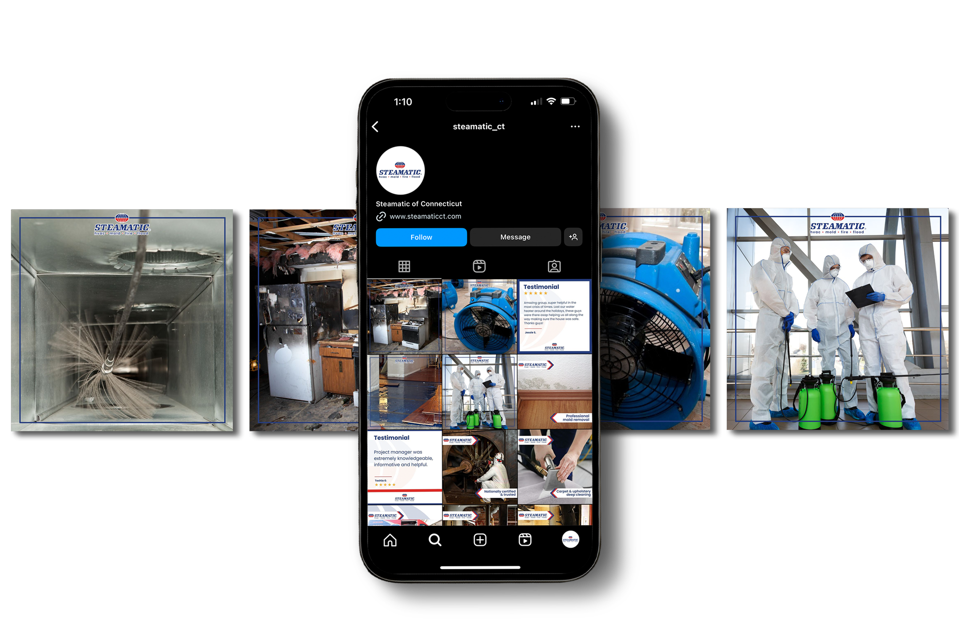Phone displaying a social media profile and photo grid, flanked by industrial cleaning and maintenance images