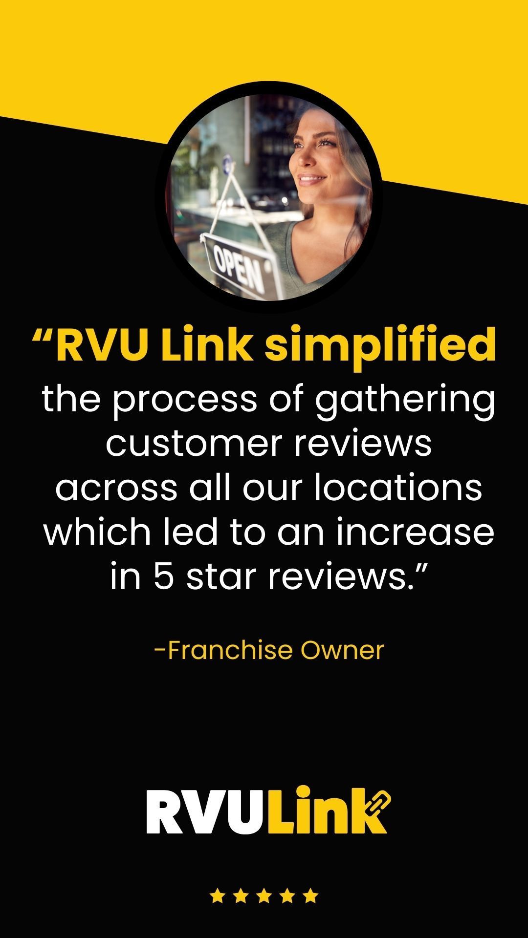 RVU Link ad with black and yellow background, customer review quote, and RVU Link logo at bottom