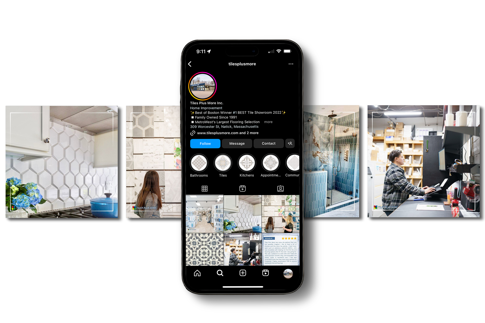 Instagram profile on a phone, centered between interior design photos and a worker in a stylish workspace