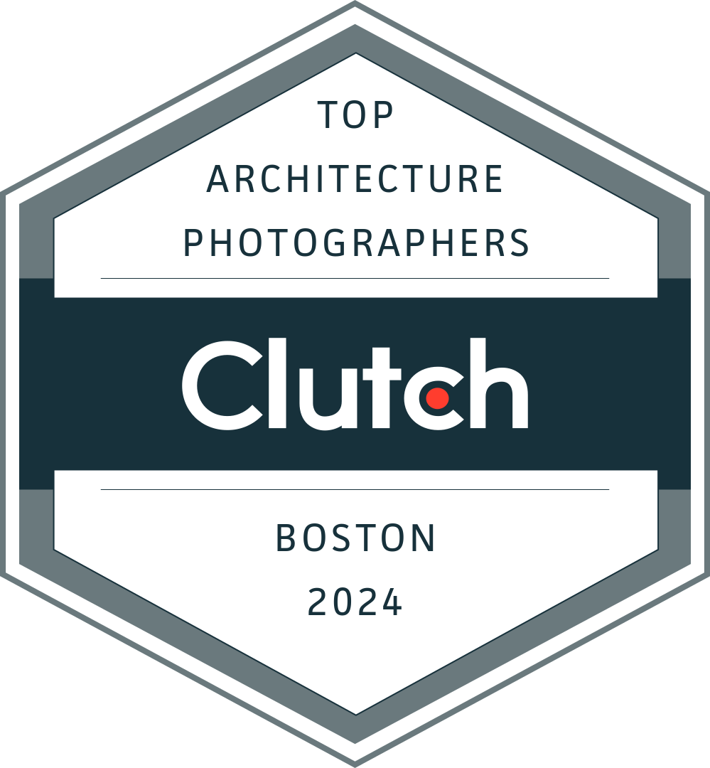 Clutch Top Architecture Photographers badge, Boston 2024, teal, white, and gray hexagon logo