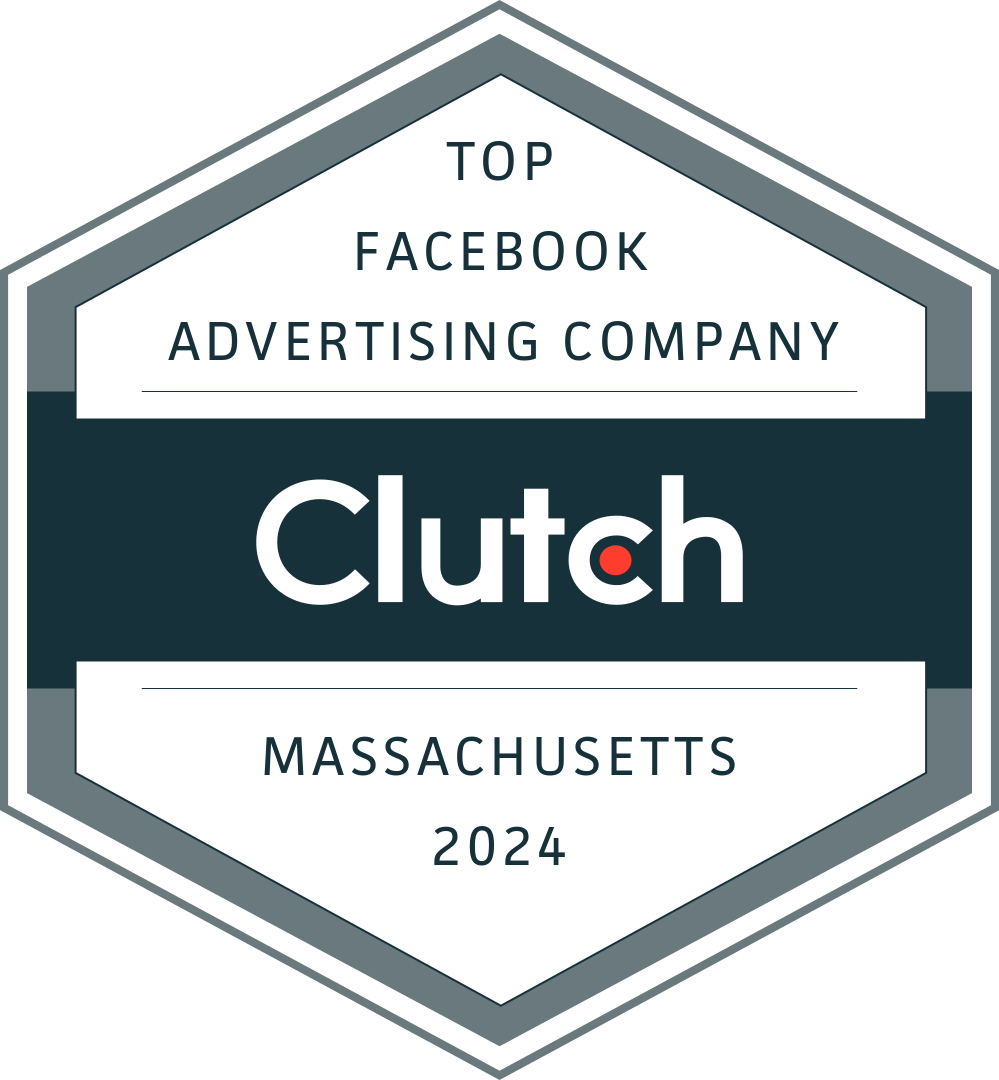 Clutch Top Facebook Advertising Company Massachusetts 2024 badge in gray and teal