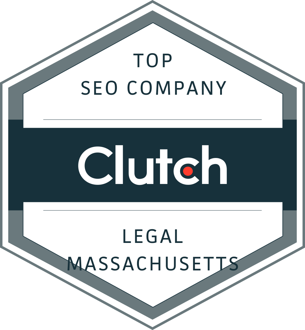 Clutch badge for top SEO company in Massachusetts legal sector, gray hexagon with dark blue center and white text