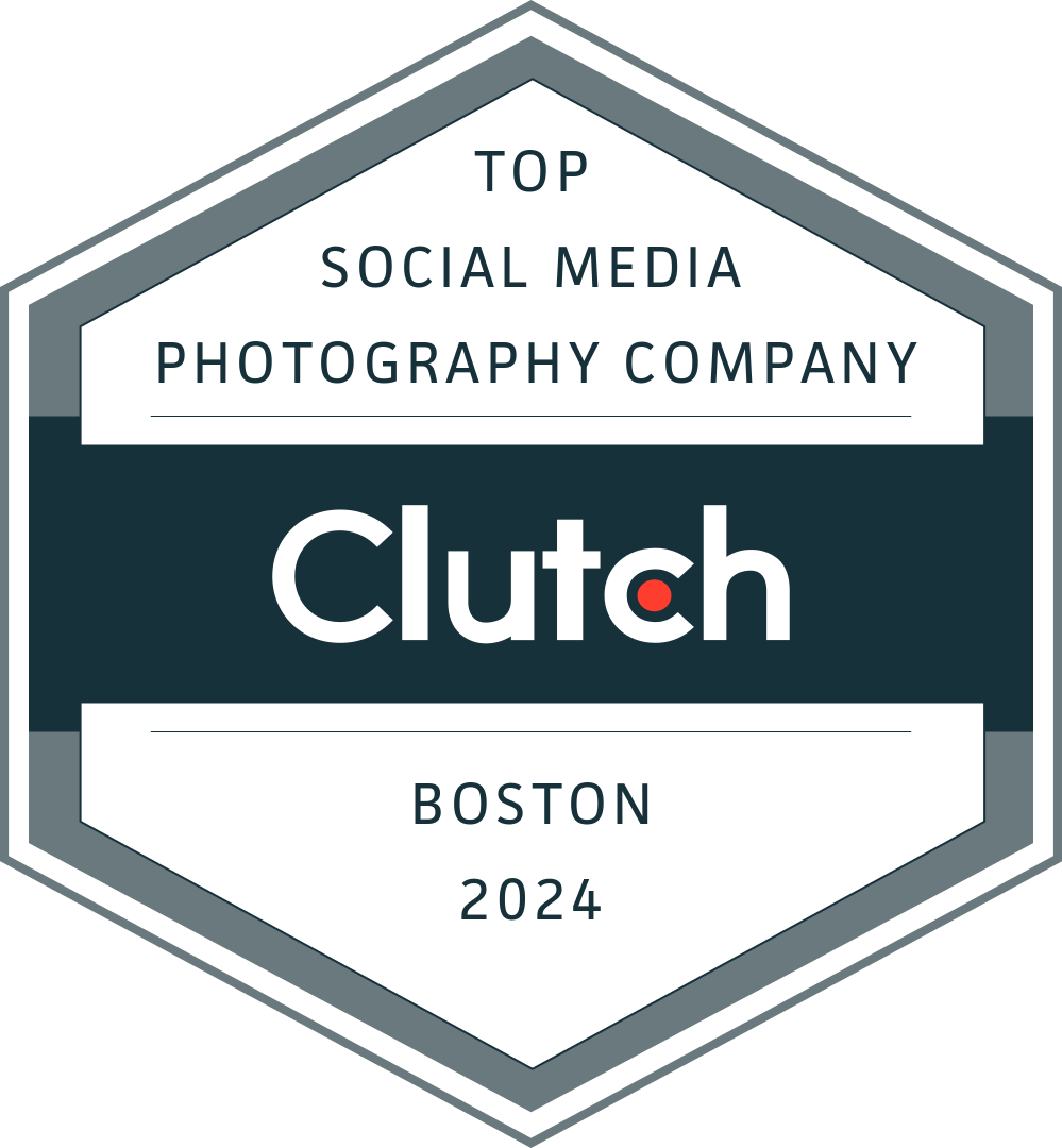 Clutch award badge reading “Top Social Media Photography Company,” Boston 2024, in gray and teal.