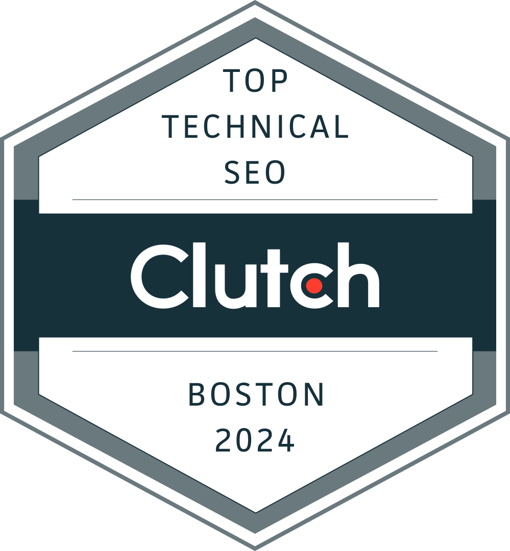 Clutch Top Technical SEO badge, Boston 2024, in gray and dark blue.