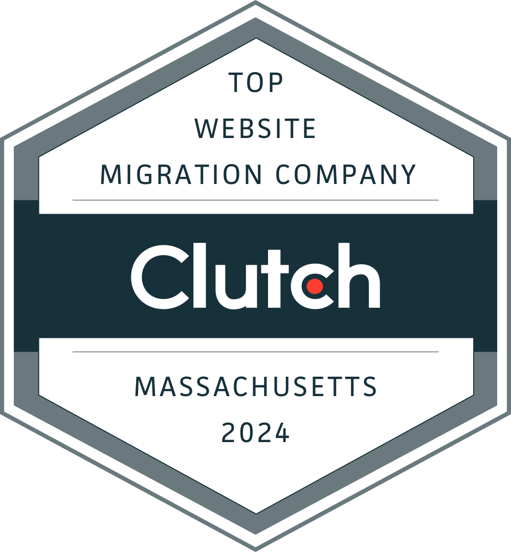 Clutch “Top Website Migration Company” award badge, Massachusetts 2024, in gray and teal.