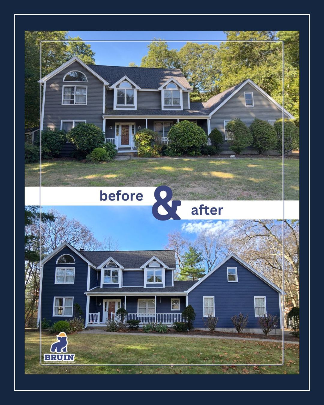 Before-and-after of a dark blue house exterior with updated siding and landscaping.