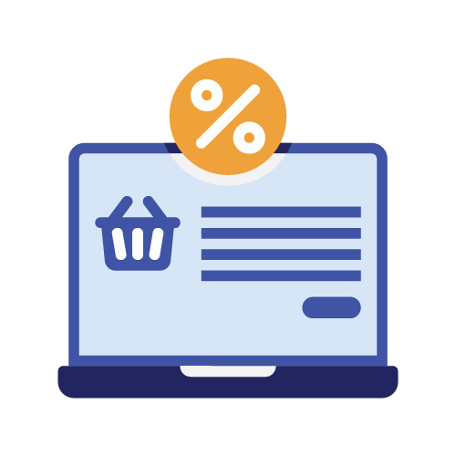 Laptop shopping cart icon with percent symbol, representing online sales or discounts