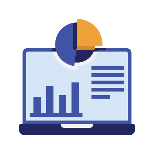Laptop dashboard with blue bar chart, orange pie chart, and text lines