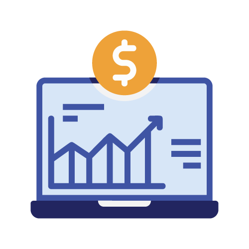 Laptop with rising finance chart and orange dollar coin icon