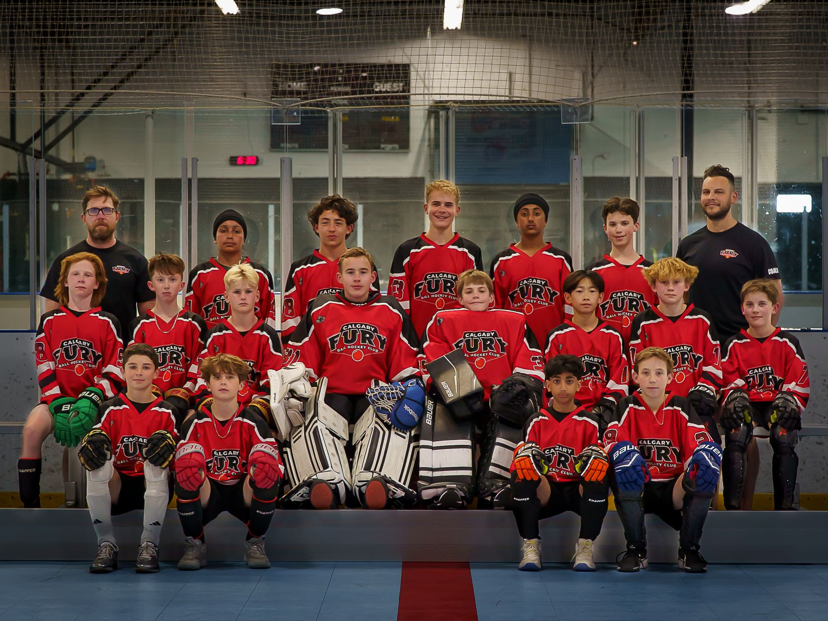 U13A Fury ball hockey team group photo wearing white jerseys