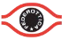 Logo a forma di occhio in bianco e nero con contorno rosso e la parola 