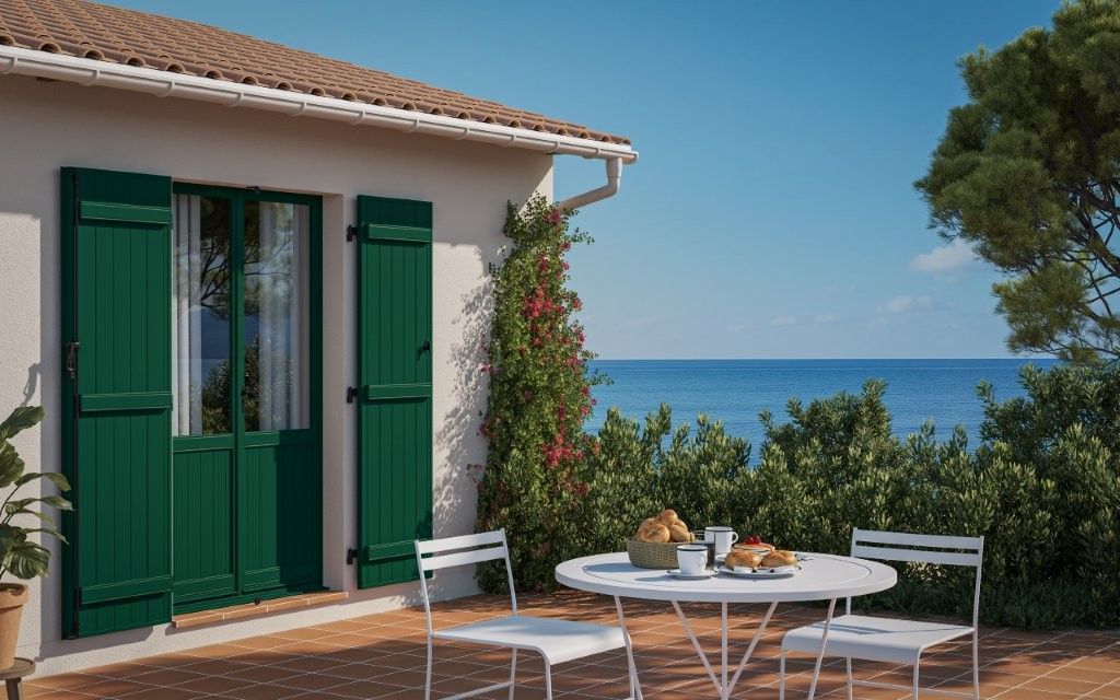 Table et chaises de patio blanches à l'extérieur d'une maison en bord de mer aux volets verts, donnant sur l'océan