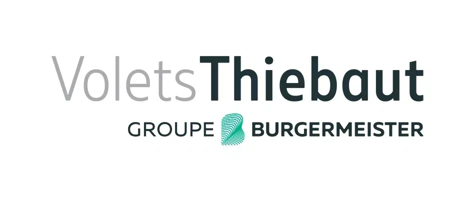 Logo Volets Thiebaut Groupe Burgermeister en gris, noir et turquoise sur fond blanc