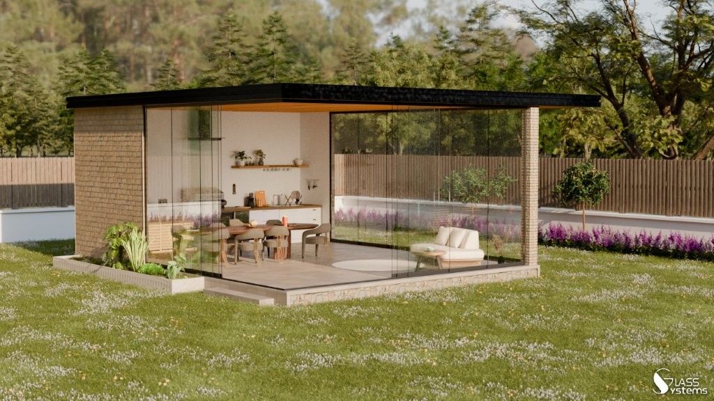 Patio extérieur moderne avec une petite maison en briques, un coin salon et une pelouse.