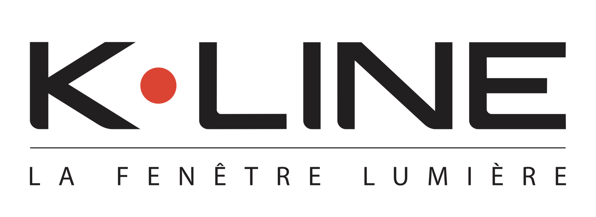 Logo K-LINE avec point rouge et slogan « LA FENÊTRE LUMIÈRE » en noir et gris