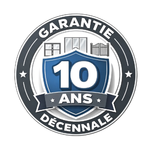 Badge circulaire gris et bleu indiquant une garantie décennale de 10 ans, avec fenêtres stylisées.