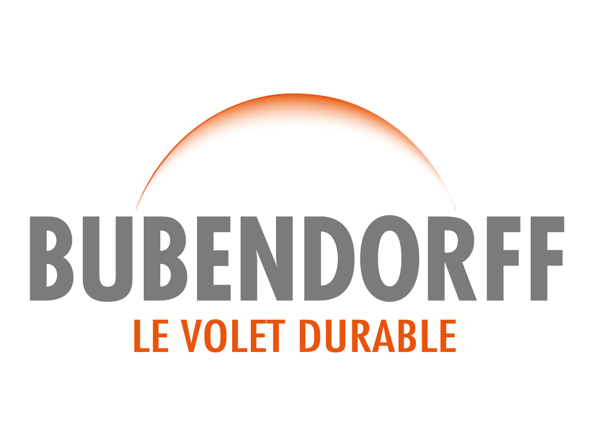 Logo Bubendorff avec texte gris, arc orange et slogan « Le volet durable »
