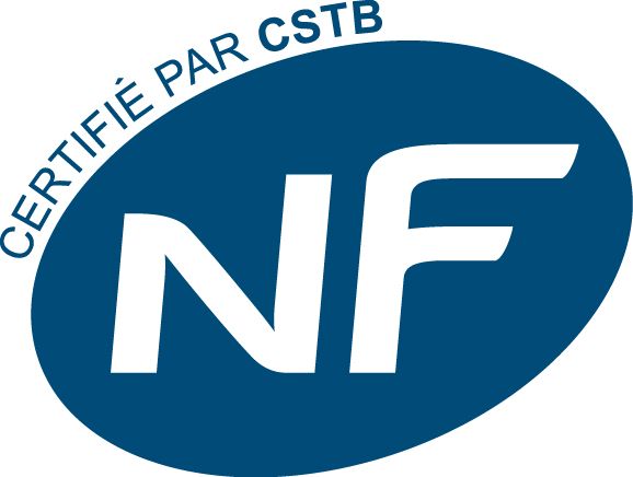 Logo de certification NF bleu avec lettres blanches et texte incurvé « Certifié par CSTB »