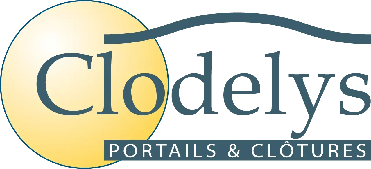 Logo Clodelys avec un cercle jaune et un texte turquoise indiquant « PORTAILS & CLÔTURES »