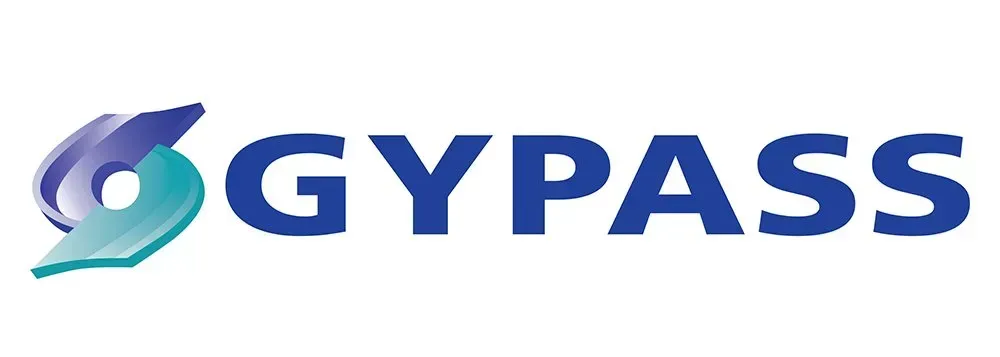 Logo GYPASS bleu et turquoise avec une icône en forme de virgule stylisée à gauche