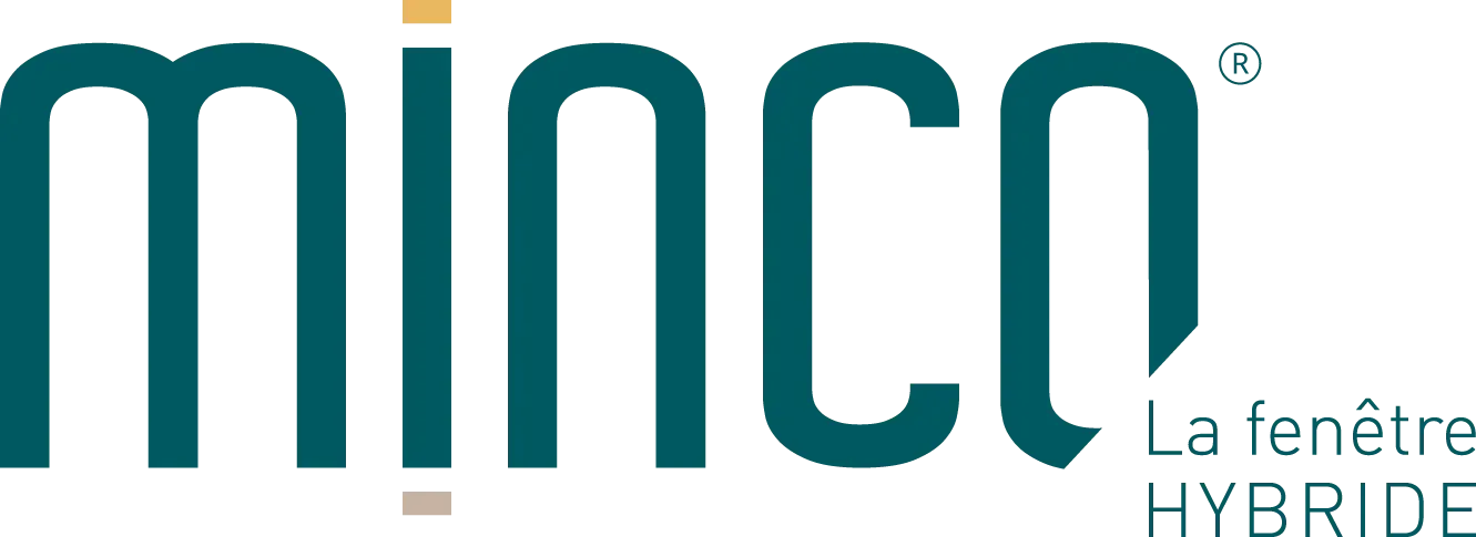 Logo Minco en turquoise avec le slogan « La fenêtre HYBRIDE » sur fond blanc