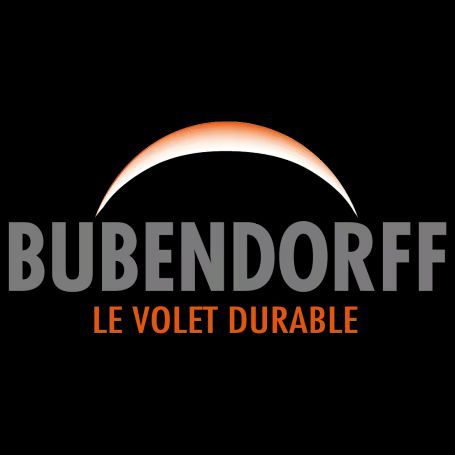 Logo Bubendorff sur fond noir avec arc orange et slogan « Le volet durable ».
