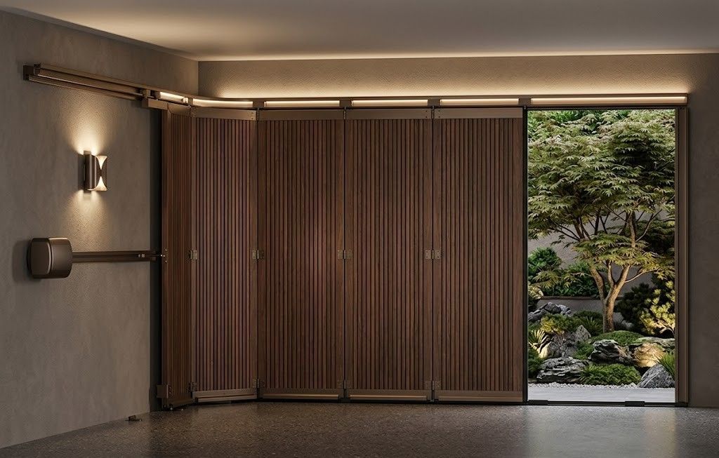 Stores verticaux marron fermés dans un couloir sombre, avec vue dégagée sur les arbres et la lumière du jour à l'extérieur.