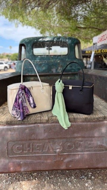 The Birdie insulated tote bag by The Stever Co near vintage truck and winery setting